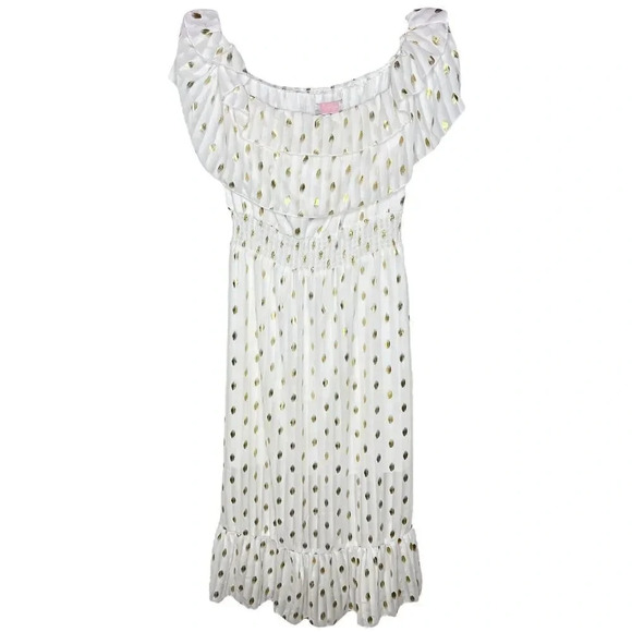 C+D+M Collection White Gold Polka Dot Off The Shoulder Smocked Waist Dress Sz. S - Picture 1 of 10
